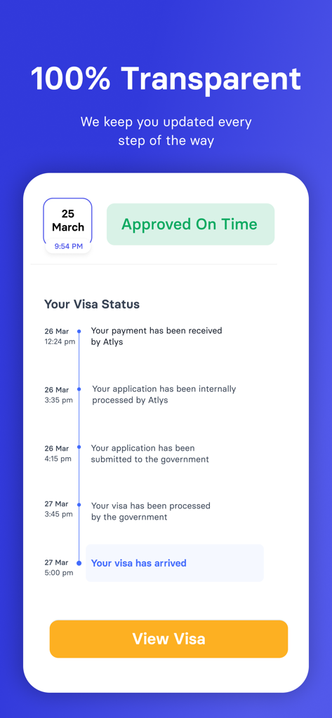 Atlys - Visas on Time - Écran de l'application Atlys montrant une chronologie de suivi de demande de visa étape par étape transparente et une confirmation d'arrivée