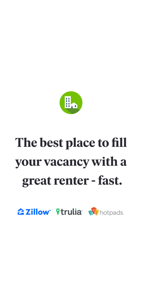 Zillow Rental Manager - Pantalla promocional de Zillow Rental Manager mostrando el eslogan para llenar vacantes y los logotipos de Zillow Trulia y HotPads