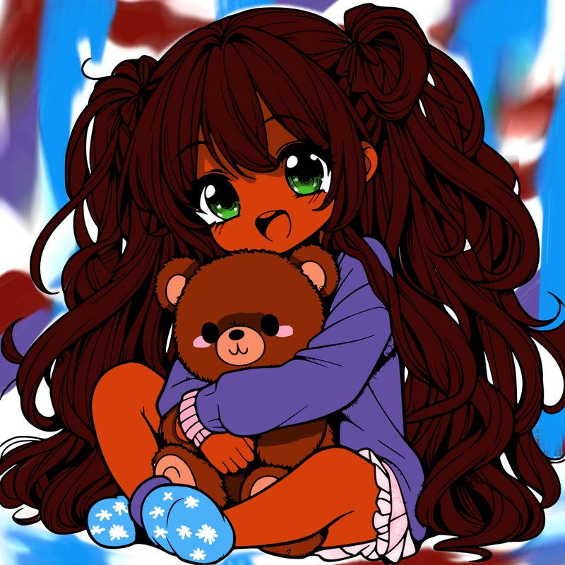 manga girl, long curly hair, happy, cuddling a teddy bear