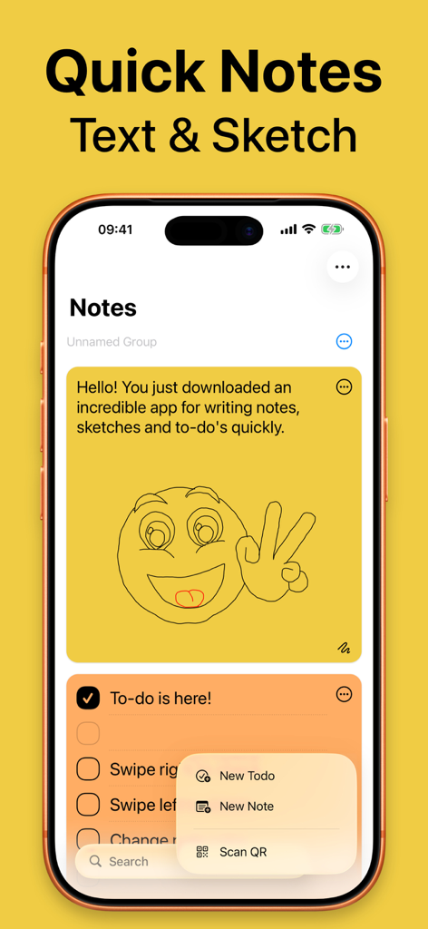 Sticky Note Widget. Stickies - Interfaz de la aplicación Sticky Note que muestra una nota amarilla con texto y una ilustración dibujada a mano