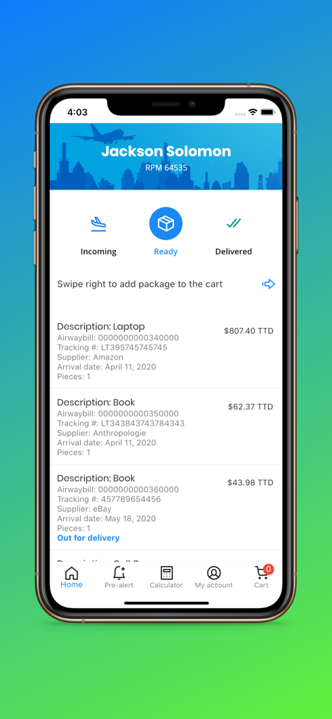 RPM Express Couriers - A mobile app interface for RPM Express Couriers showing a list of ready packages for a user including a laptop and books from suppliers like Amazon and eBay.