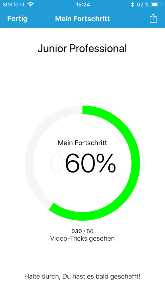 Benutzerfortschrittsbildschirm in Pocket-Academy, der sechzig Prozent Abschluss und den Rang Junior Professional zeigt.