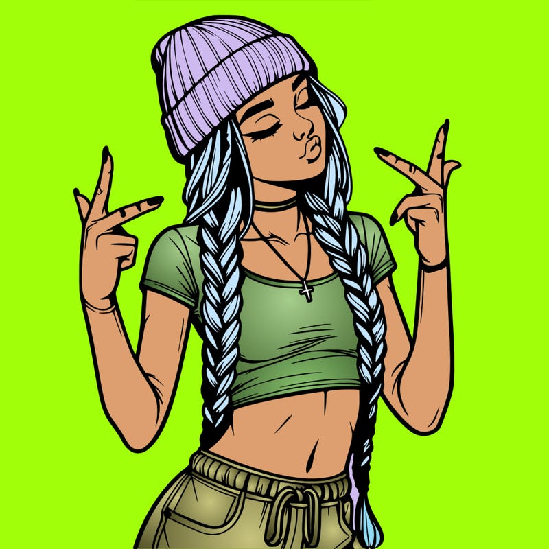 realistic teenage girl with braids and a beanie and crop top doing 🫶🏼