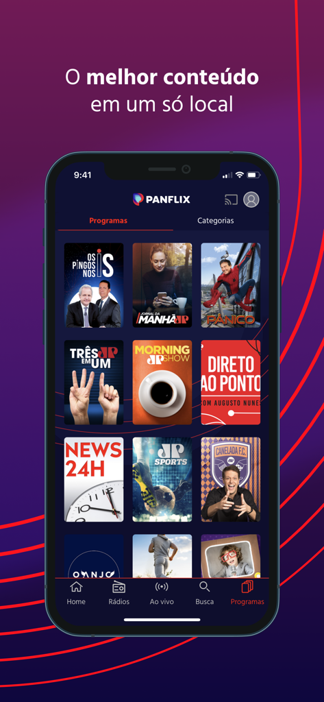 Screenshot dell'app Panflix che mostra una griglia di programmi di notizie e intrattenimento brasiliani