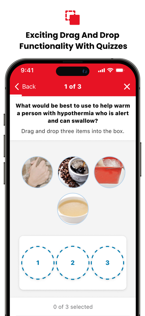 First Aid: American Red Cross - Interaktiver Drag-and-Drop-Quizbildschirm in der American Red Cross Erste Hilfe App über die Behandlung von Unterkühlung