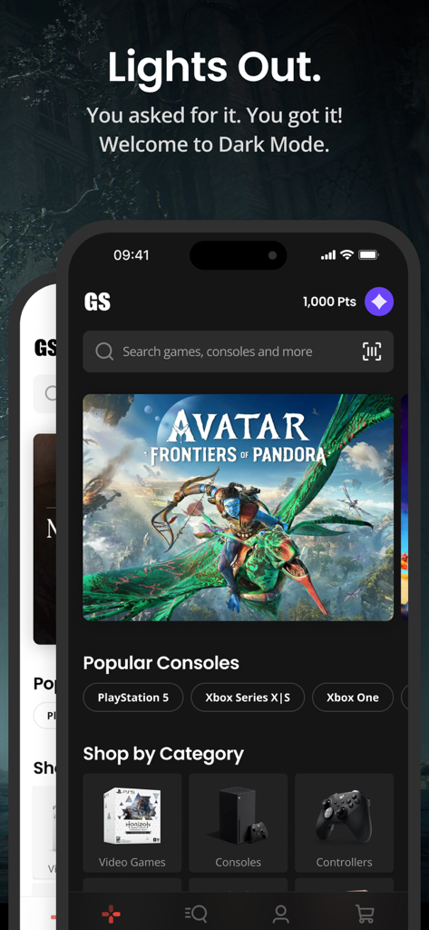 GameStop - Interfaccia utente dell'app mobile GameStop in modalità scura che mostra offerte di videogiochi e categorie di console.