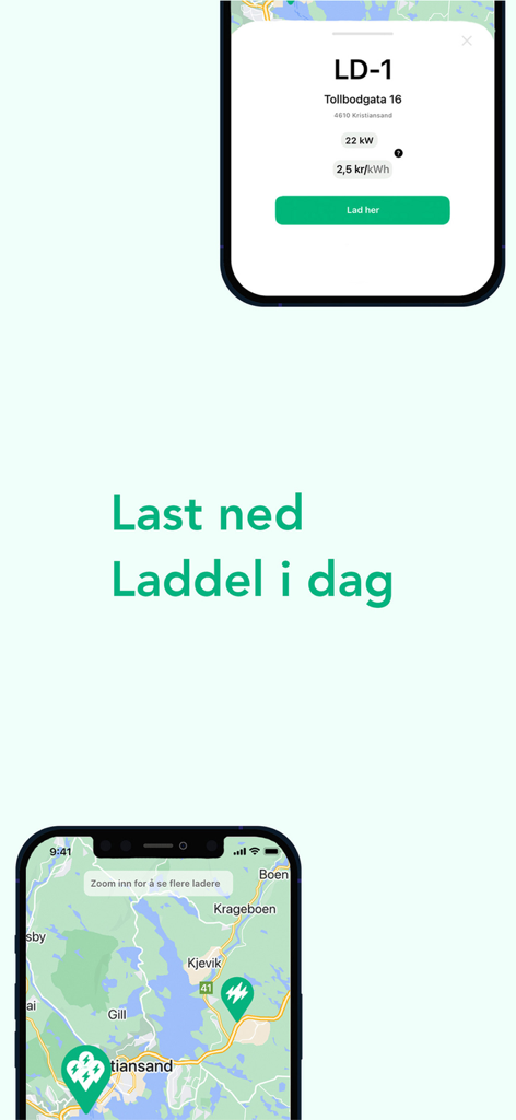 Laddel - Laddel app interface showing a charging station map and detailed information for an EV charger with power and pricing