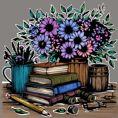 rustic books and beautiful flowers realistic