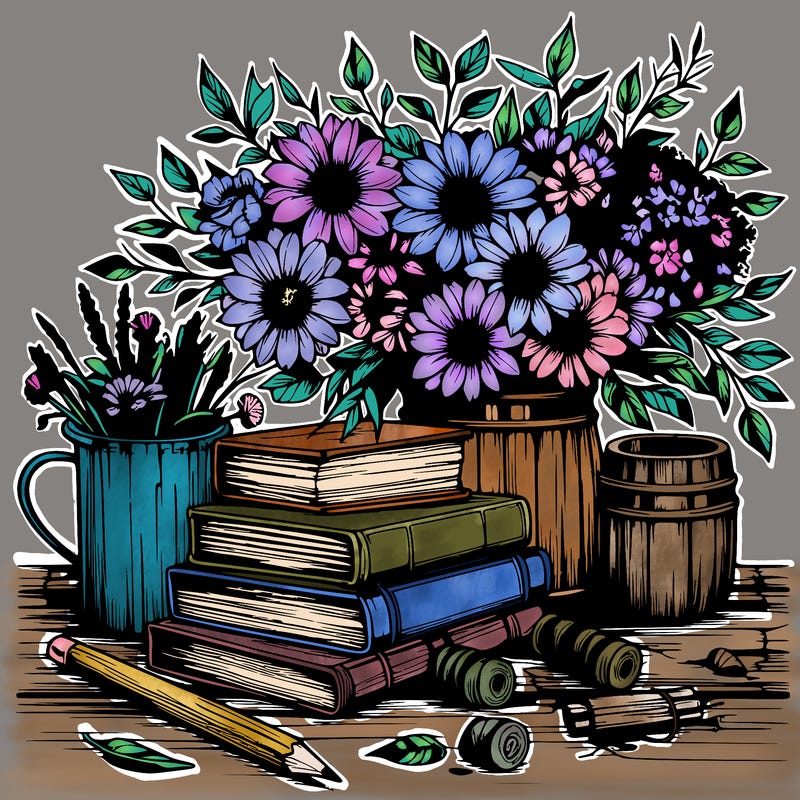 rustic books and beautiful flowers realistic