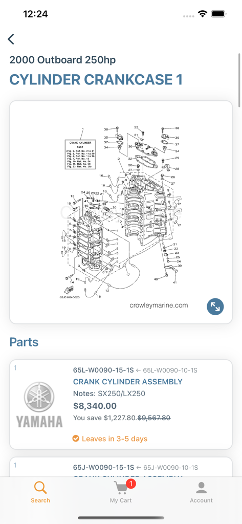 Crowley Marine - Technical diagram for a Yamaha 2000 outboard cylinder crankcase with parts listing and pricing in the Crowley Marine app.