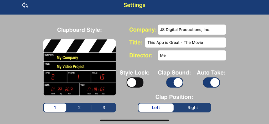 My Studio Pro - Settings screen of My Studio Pro showing digital clapboard customization options