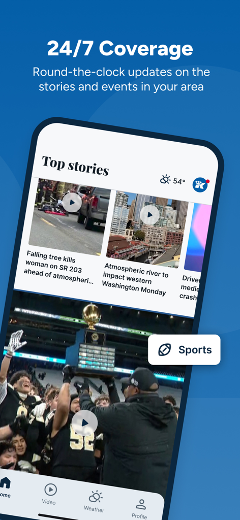 KING 5 News for Seattle/Tacoma - KING 5 News app interface displaying top stories and local sports news for the Seattle and Tacoma area