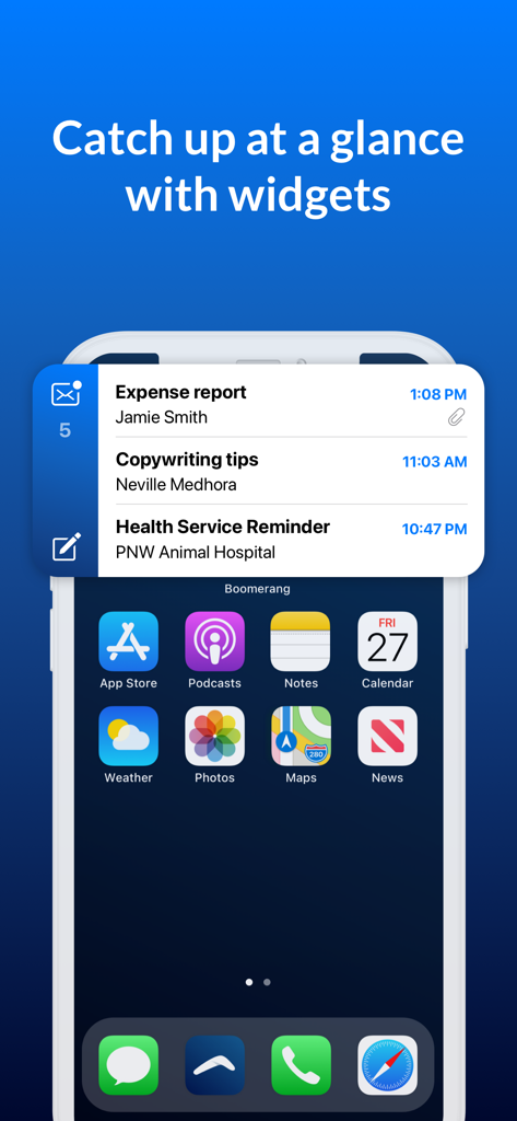 Email Client - Boomerang Mail - Boomerang Mail app widget on an iPhone home screen displaying recent emails