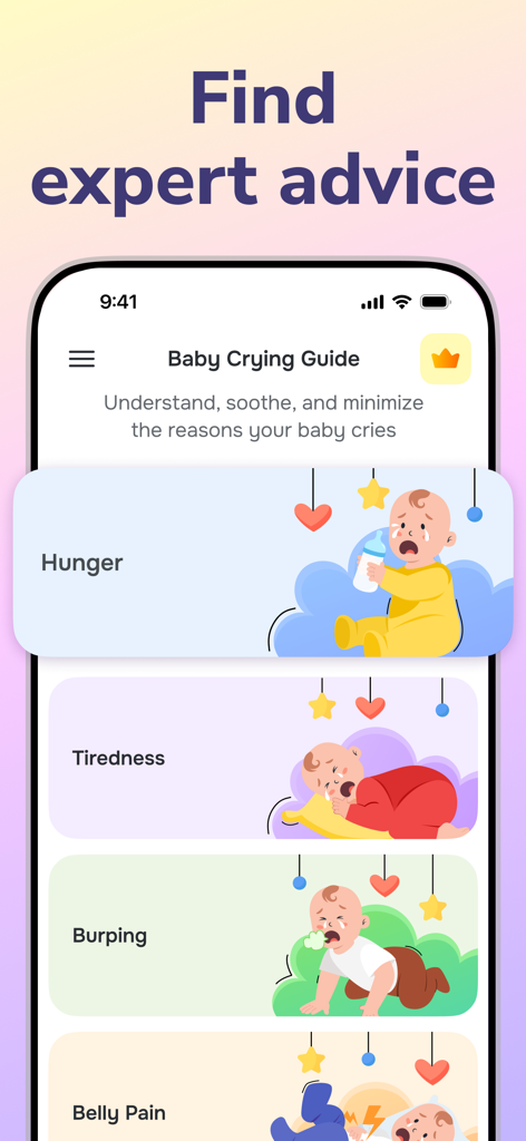 Cry Analyzer · Baby Translator - Una interfaz móvil para la Guía de Llanto del Bebé que muestra categorías de consejos de expertos como hambre, cansancio y eructos con ilustraciones de bebés