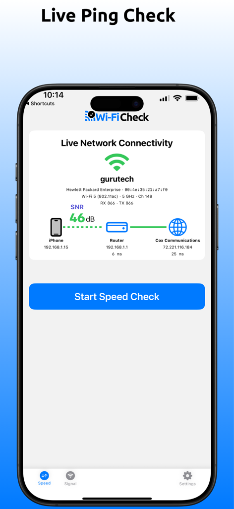 Wi-Fi Check - Speed Test - A smartphone screen displaying a live network connectivity map with signal strength and ping results from an iPhone to the internet