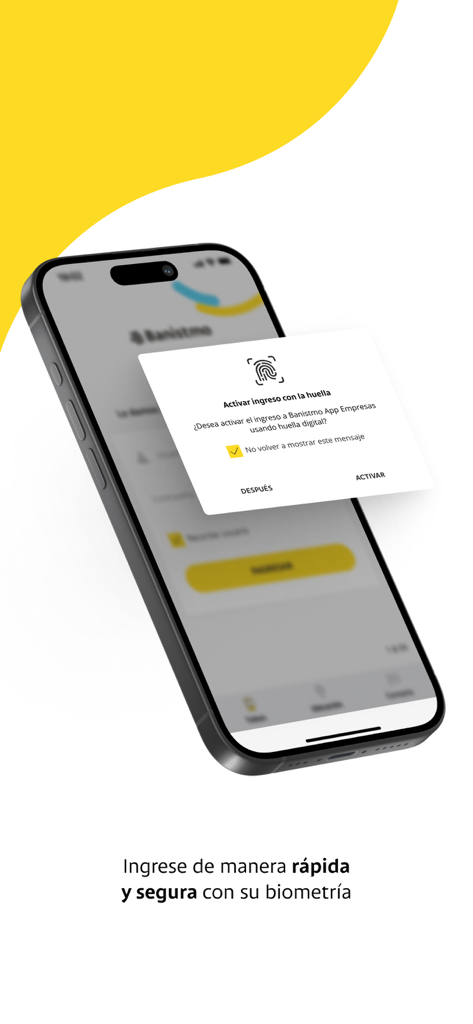 Pantalla de iPhone que muestra la activación del inicio de sesión biométrico para la app de banca de negocios Banistmo