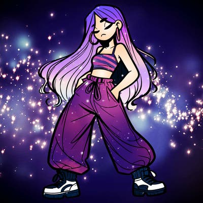 girl in baggy pants crop top and long hair