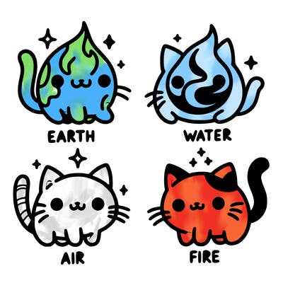 4 cats that represent the different elements, earth, water, air, and fire