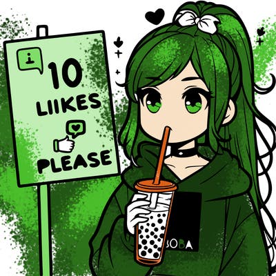 girl with a high ponytail and a hoodie drinking boba staring at a sign saying 10 likes please