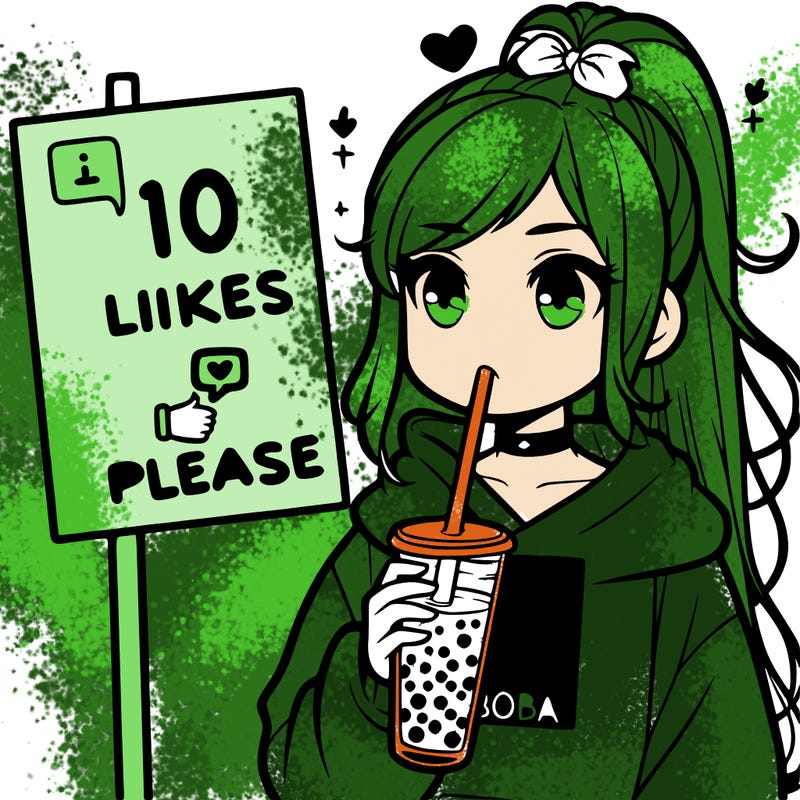 girl with a high ponytail and a hoodie drinking boba staring at a sign saying 10 likes please