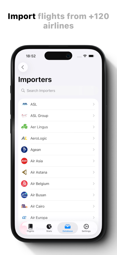 Screenshot showing the automated flight import feature with a list of over 120 supported airlines