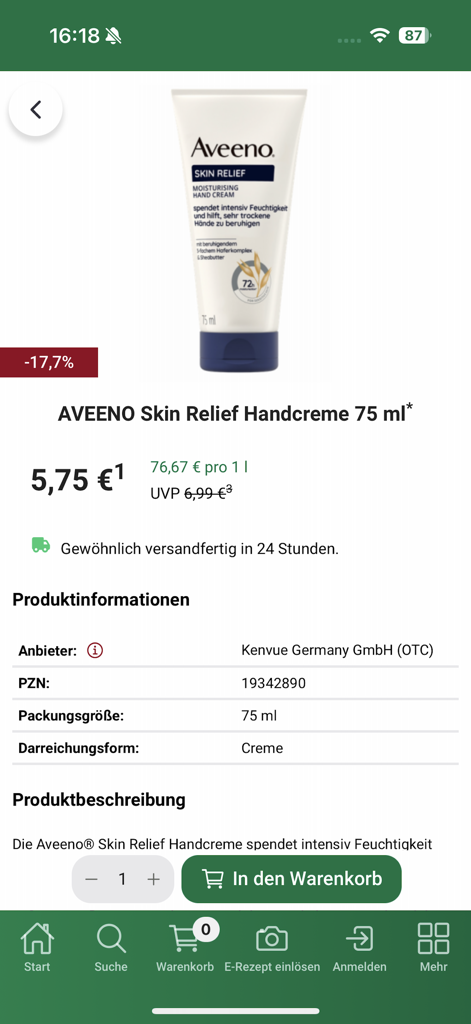 Klösterl-Apotheke - Mobile app screen displaying product details for Aveeno Skin Relief hand cream with price and discount information.