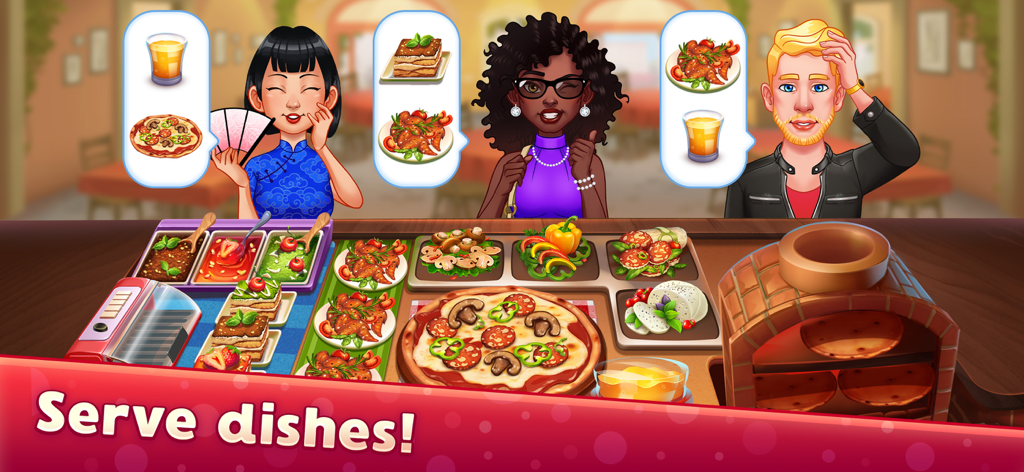 Diverse customers ordering food at a restaurant counter in the Kitchen Craze cooking game