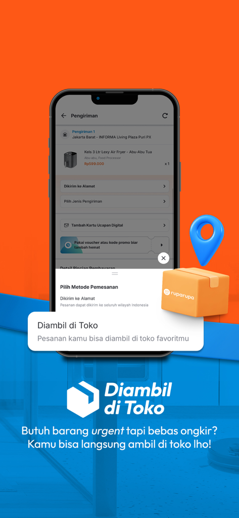 ruparupa mobile app showing the pick up in store feature with a shipping box icon