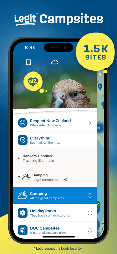 Rankers Camping NZ app interface showing a list of legal campsites and holiday parks in New Zealand