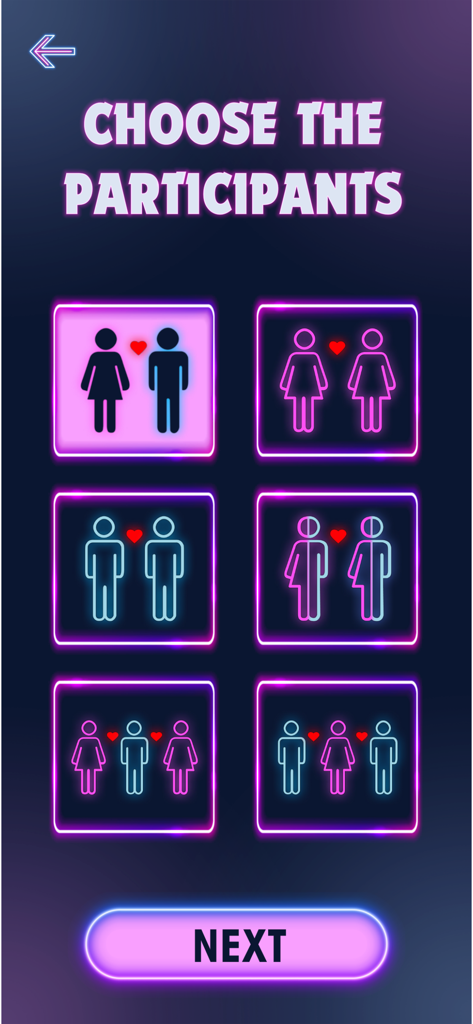 Sex Dice: Explore New Desires - Pantalla de la aplicación titulada Elige a los participantes mostrando iconos de neón inclusivos para diferentes combinaciones de parejas y grupos.