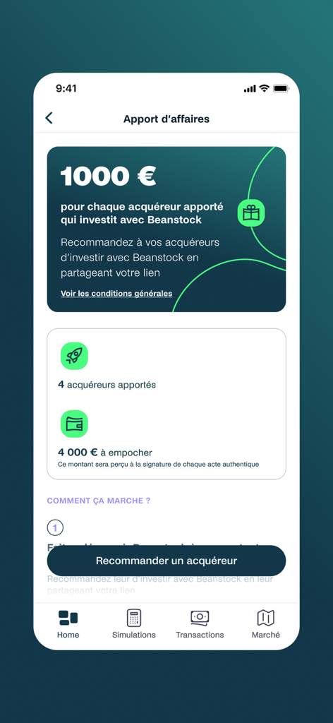 Interface of the BeanstockPro app showing referral bonuses and earned commissions for real estate professionals