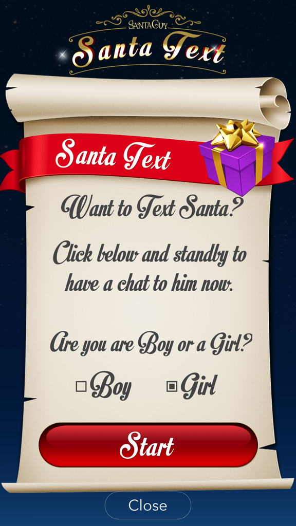 Santa Text app welcome screen with a parchment scroll design, gender selection options, and a red start button
