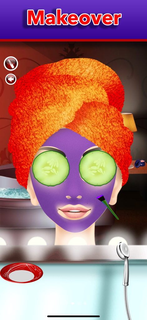 A character with a purple face mask and cucumber slices on their eyes during a spa session in a Halloween game