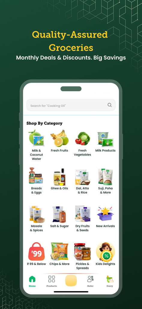 Mobile screen showing the Country Delight app shop by category page with fresh groceries and dairy products