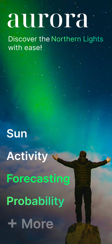 Aurora Alerts & Forecast - Aurora Alerts and Forecast app home screen with northern lights background showing forecasting and probability features