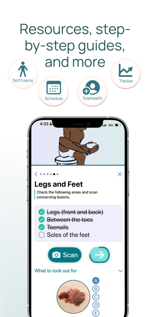 Interface of the Skin-Check app showing a step-by-step guide for performing a skin self-exam on legs and feet with a checklist and scan option.