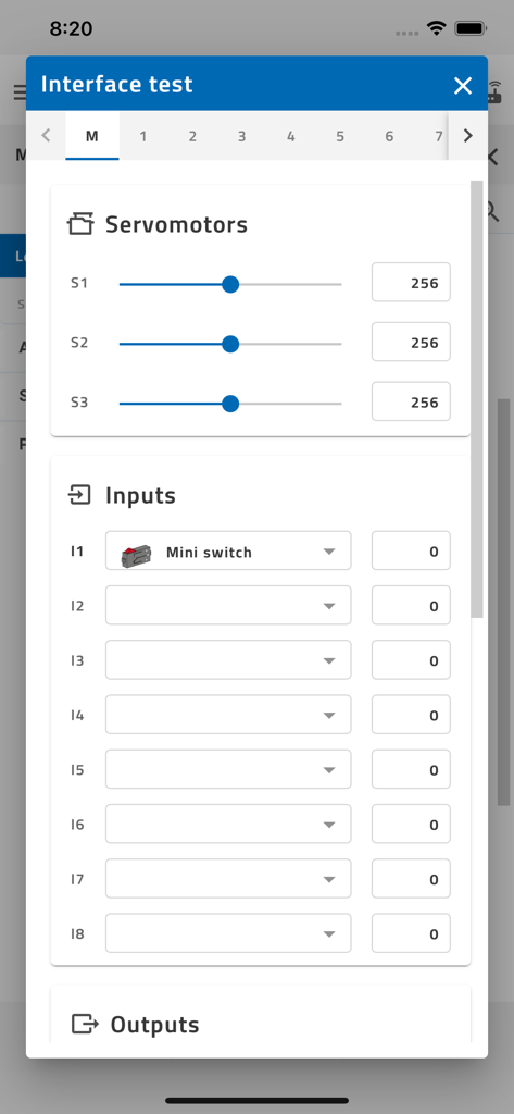ROBO Pro Coding - Interface test window showing servomotor sliders and sensor inputs in the ROBO Pro Coding app