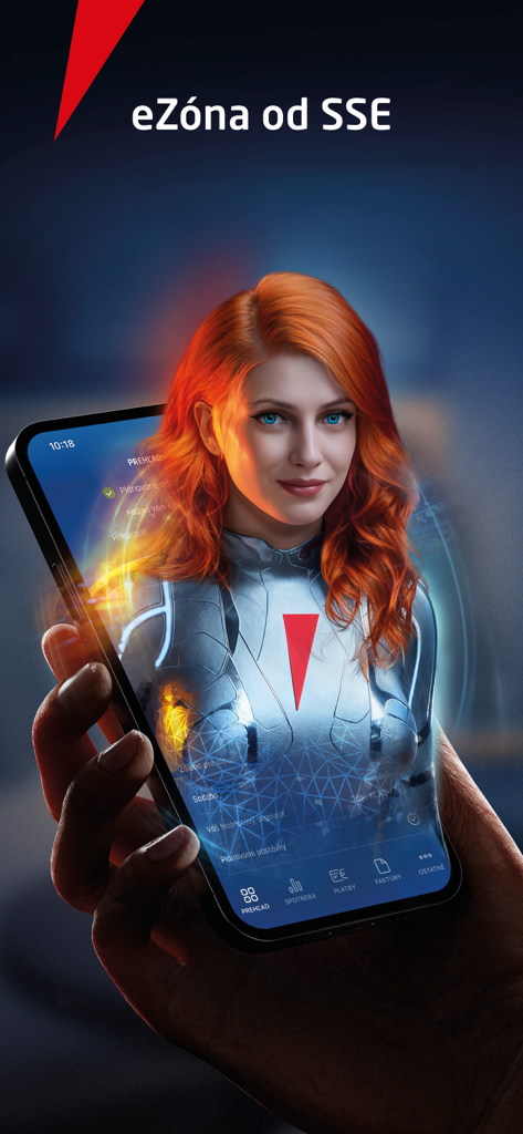 A futuristic woman character on a smartphone screen for the eZona SSE energy management app