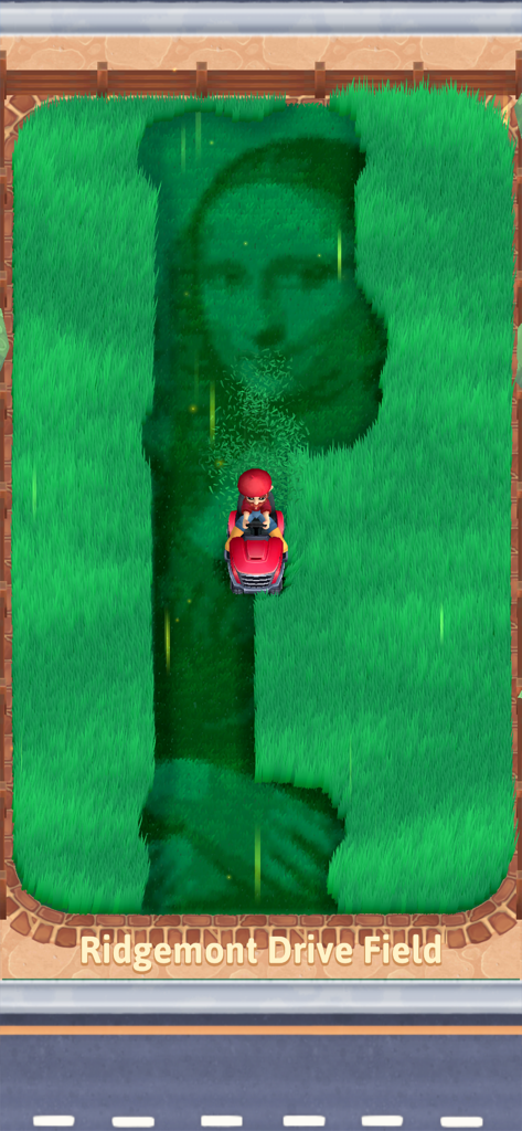 It's Literally Just Mowing - 赤い芝刈り機が、仮想の庭の芝生にモナ・リザの肖像画を現している。