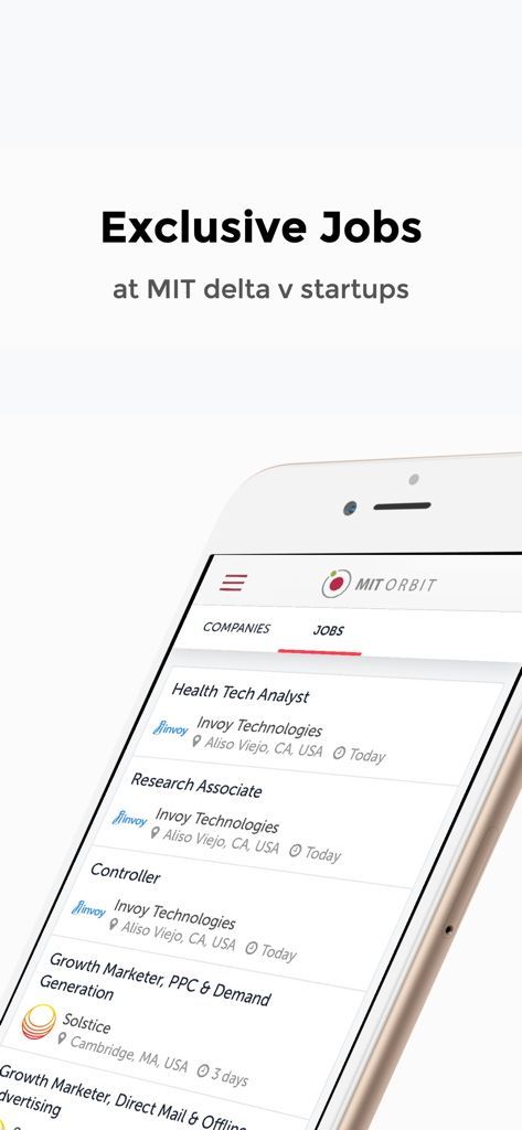 MIT Orbit app screen displaying exclusive job opportunities at MIT delta v startups for student entrepreneurs