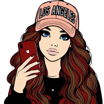realistic beautiful girl wearing los ángeles cap holding an iphone