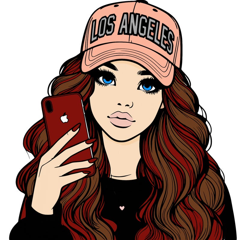 realistic beautiful girl wearing los ángeles cap holding an iphone