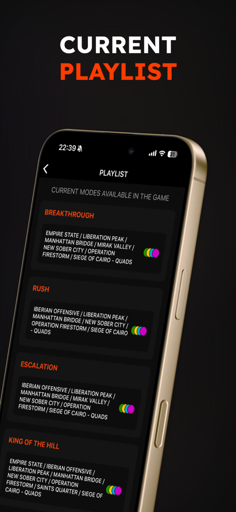 Battlefield 6 Meta and Stats - Ein Smartphone, das den Battlefield 6 Meta App Playlist-Bildschirm mit Spielmodi wie Durchbruch und Ansturm anzeigt.