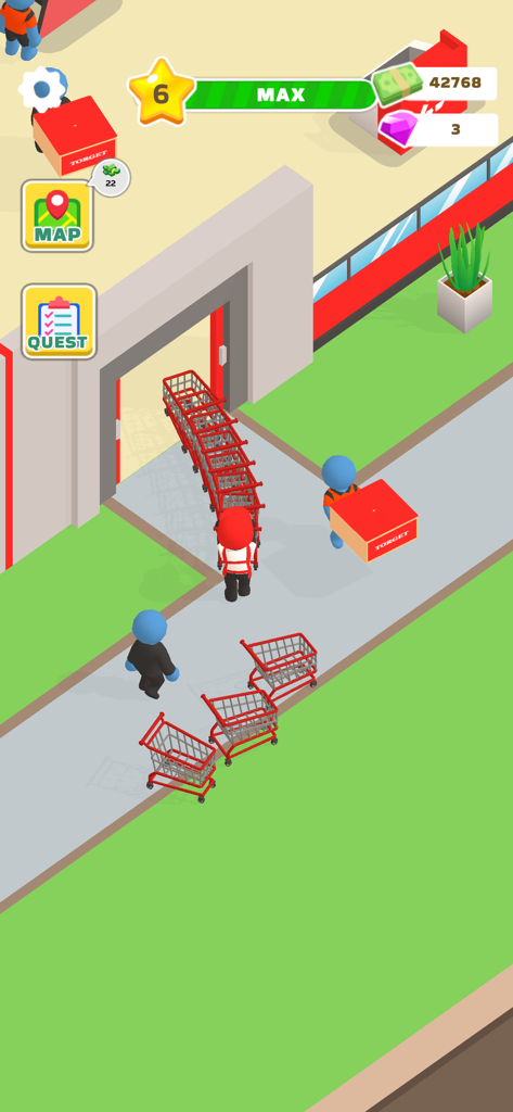 My Dream Store! - A character organizes a long row of shopping carts outside a supermarket in the My Dream Store mobile game