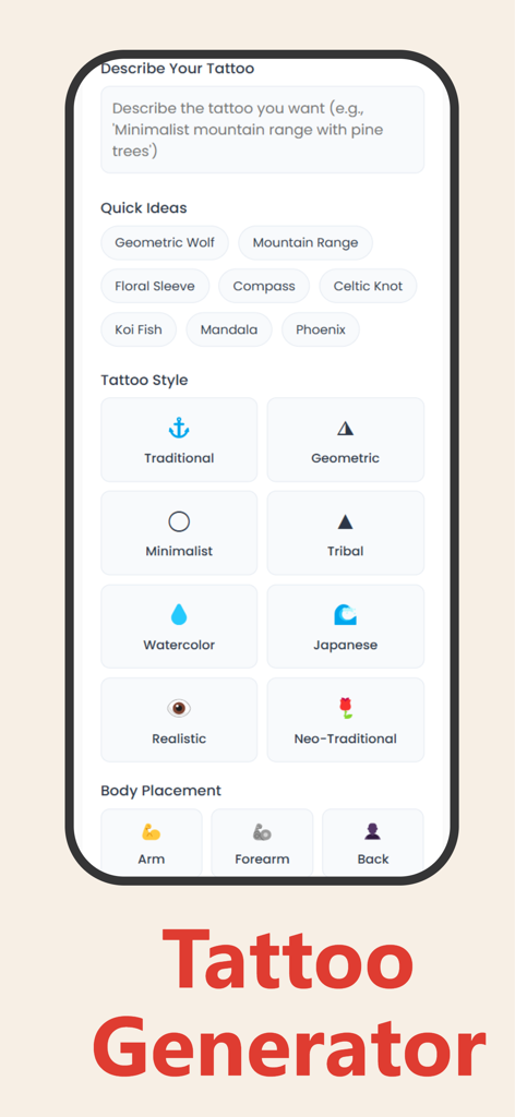 Interface do gerador de tatuagens no aplicativo Hedra AI mostrando vários estilos de design e opções de posicionamento no corpo