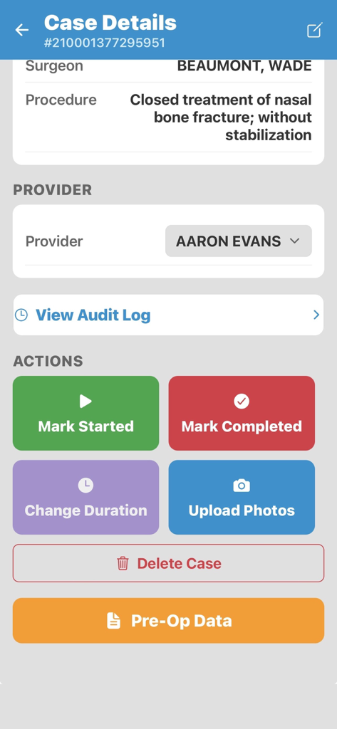 Vertex Medical Solutions - Vertex Medical Solutions app interface showing case details for a nasal bone procedure including surgeon name and provider management actions