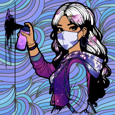 realistic girl with mask spray painting a wall