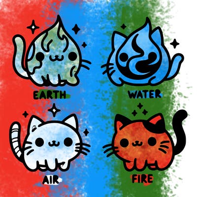 4 cats that represent the different elements, earth, water, air, and fire