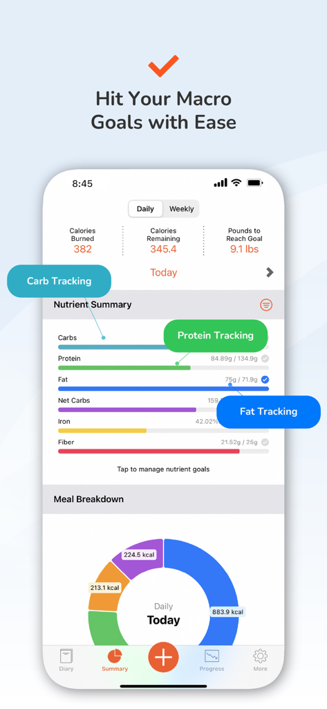 Calorie Counter by Pro Tracker - Nutrient summary and macro tracking dashboard in the Calorie Counter by Pro Tracker app showing daily goals for protein, carbs, and fat.