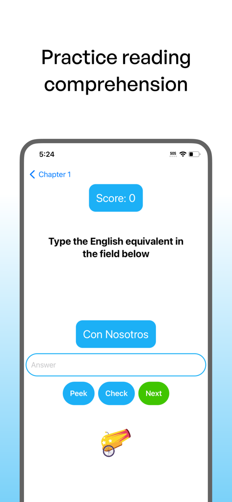 Polyglot: Learn New Languages - Interface do aplicativo Poliglota mostrando uma tela de prática de compreensão de leitura onde um usuário traduz frases em espanhol para o inglês